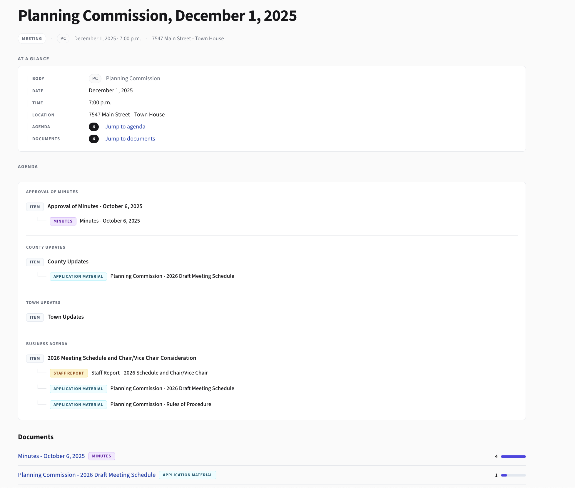 Meeting detail page with agenda items linked to applications and documents