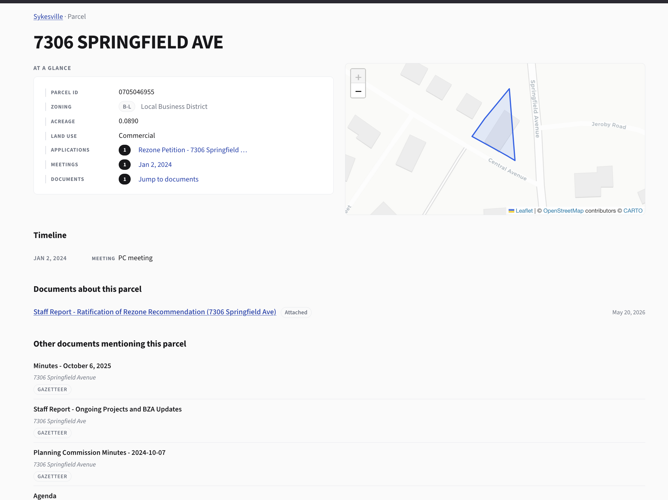Parcel detail page showing prior applications and conditions