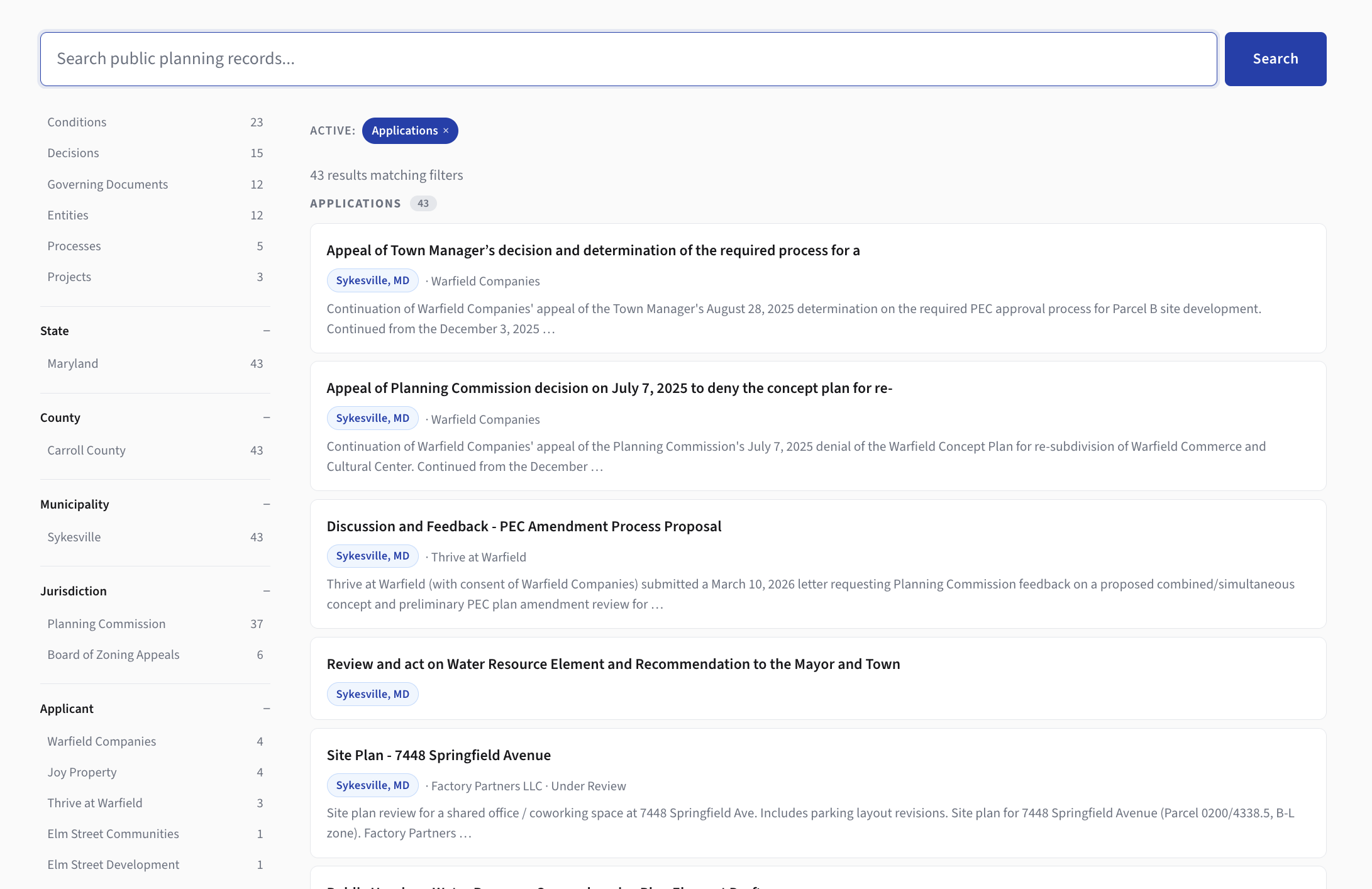 Universal search dropdown surfacing applications, parcels, and meetings